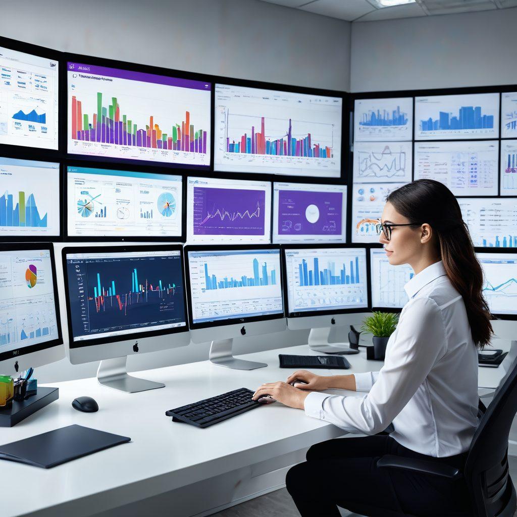 A modern office setup with a vibrant computer screen displaying sleek digital form tools, such as automated form fillers, analytics charts, and integration icons. A content professional, focused and engaged, is seated at the desk with a coffee mug and notepads around. Bright and streamlined interface artifacts around the scene to emphasize productivity and efficiency. vibrant colors. super-realistic.