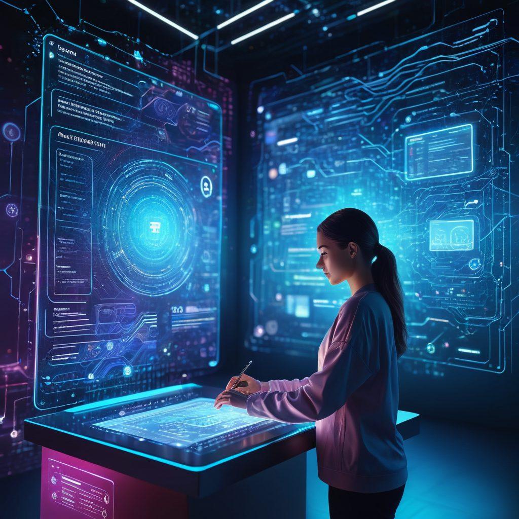 A futuristic digital landscape with a person seamlessly filling out an online form on a holographic screen, surrounded by flowing data streams and icons representing various form tools and tips. Highlight the ease and efficiency of the process. Vibrant colors. Super-realistic. Technology-themed.
